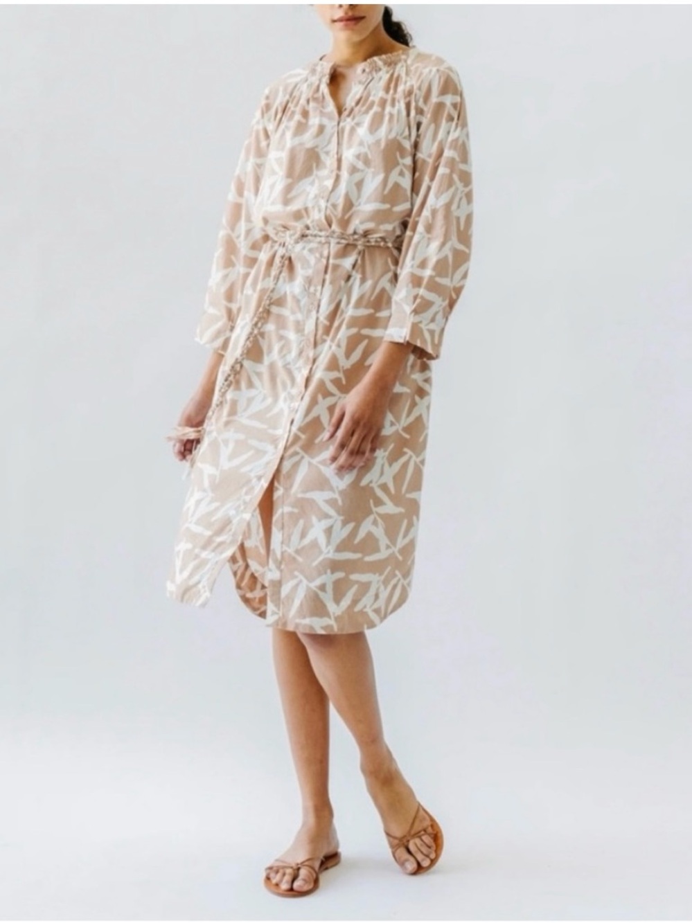 Mirth Vienna Dress Neutral Tan & White Patterned Cotton Midi Dress